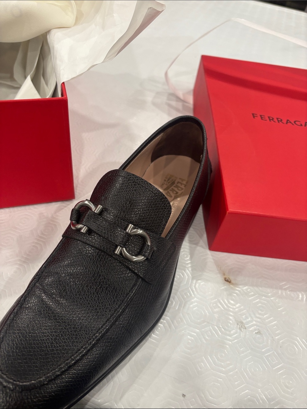 Salvatore Ferragamo Black Pebbled Leather Bit Loafer